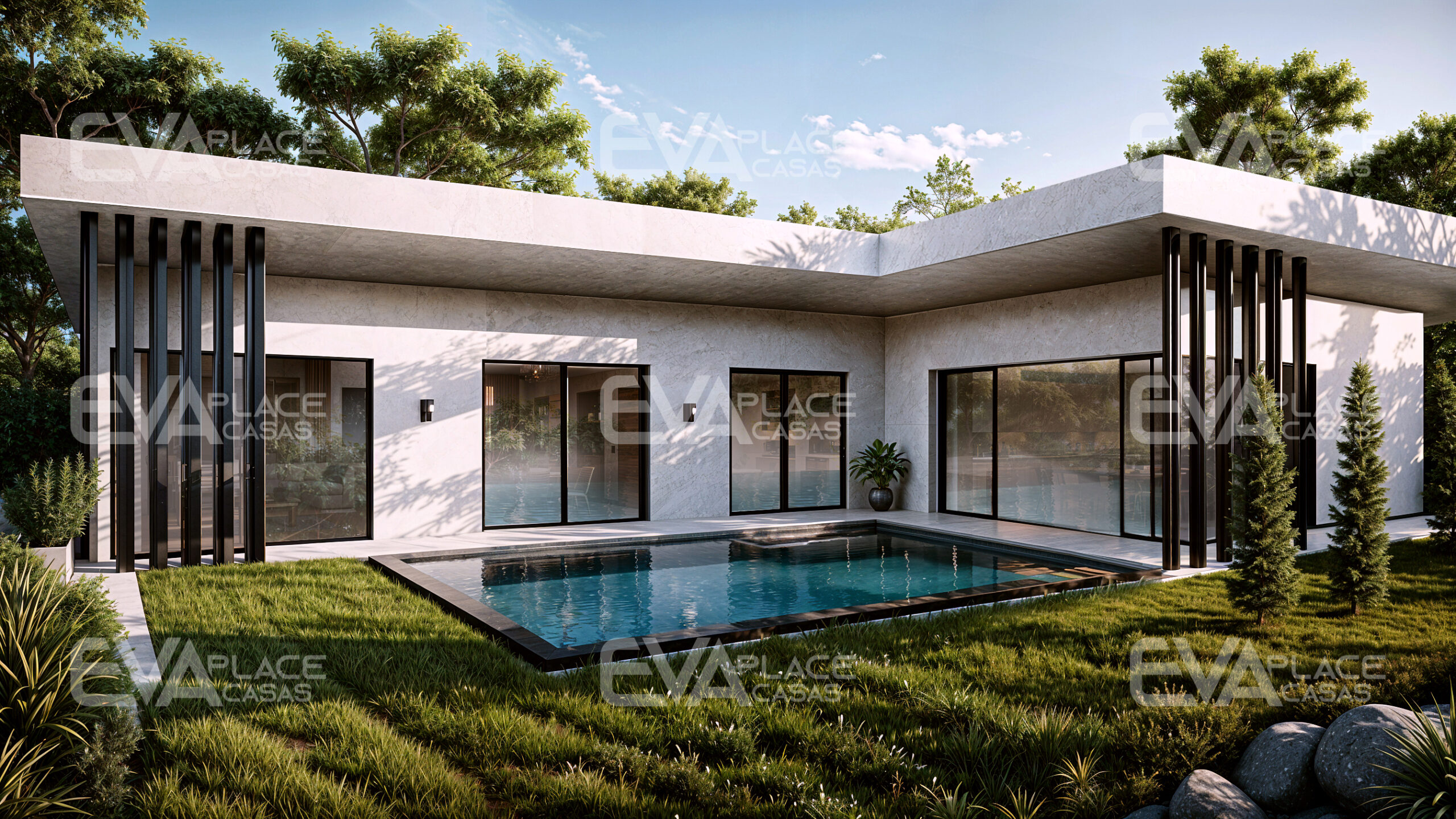 Render da vista externa da casa "Miami", uma construção moderna em LSF, com uma piscina elegante e um design sofisticado.