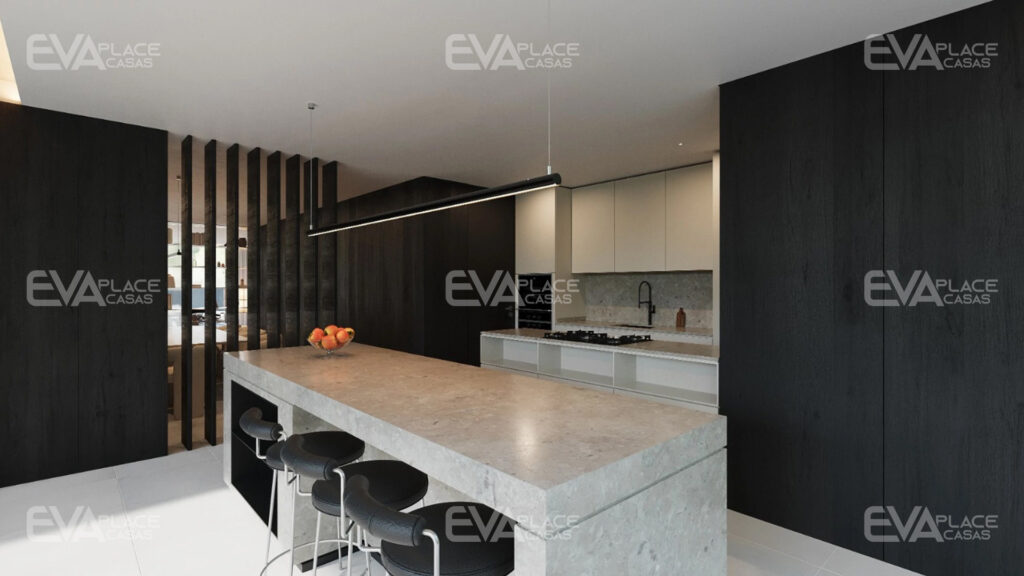 Render da cozinha da casa "Long Beach", uma construção em LSF, destacando um espaço moderno, funcional e bem iluminado.