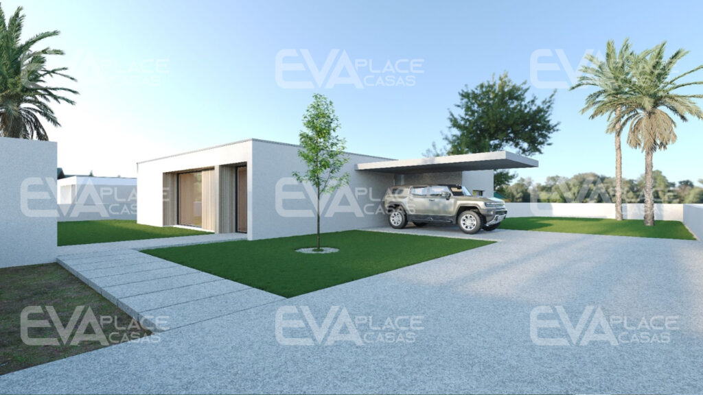 Render externo da garagem da casa "Phoenix" em LSF, destacando seu design moderno e integração com a fachada da residência.